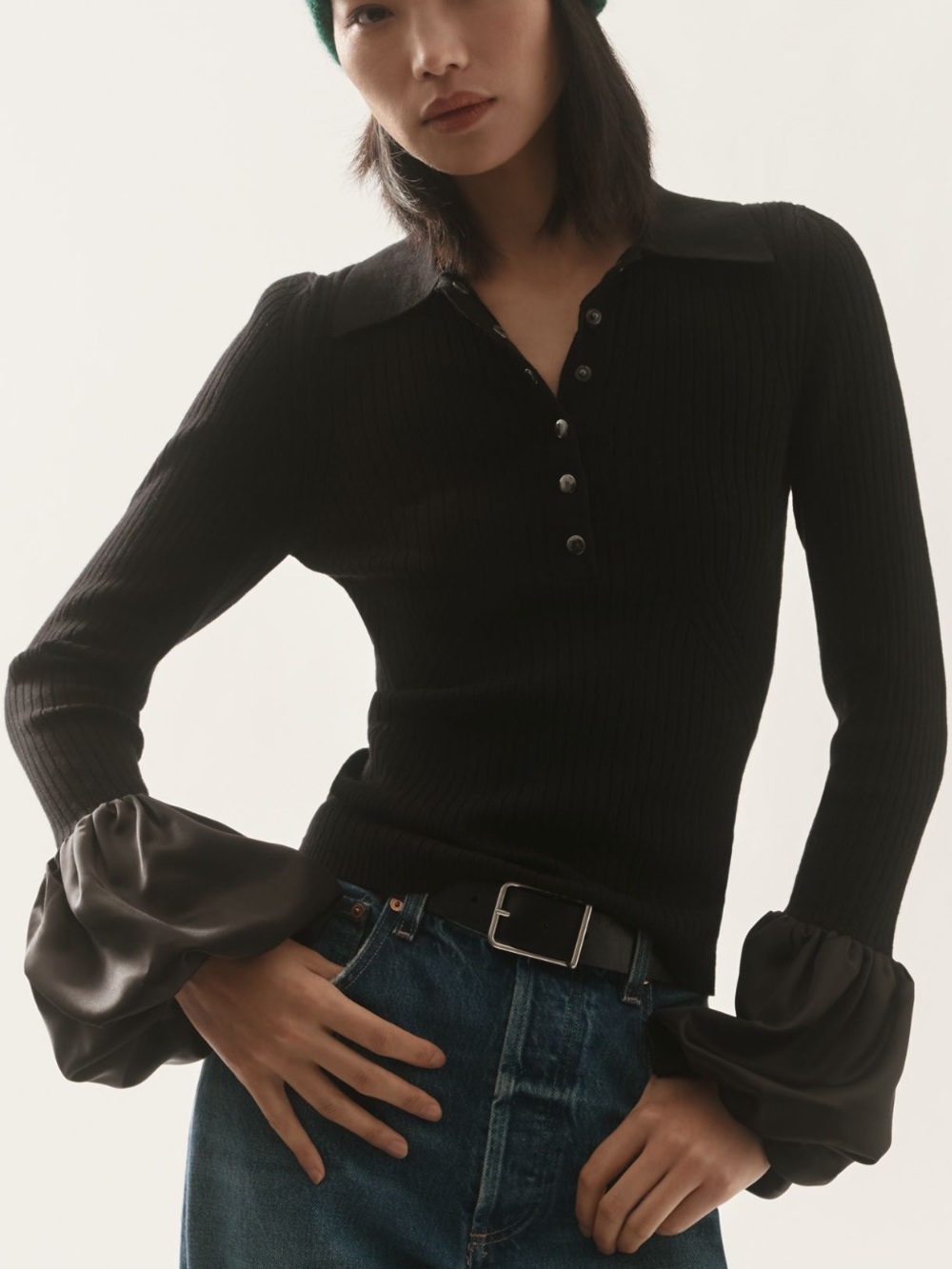 Anthropologie Maeve Satin Cuff Polo Saeater